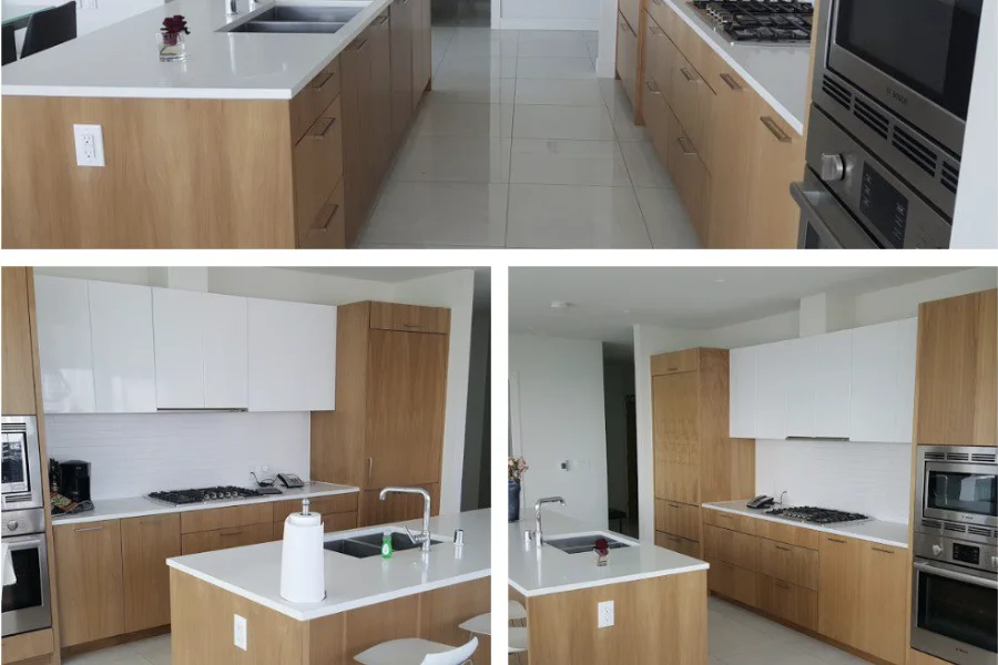 A series of images showcasing some white oak kitchen cabinets, a stove, oven, sink, and counter.